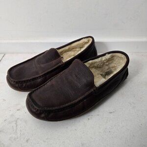 UGG Men's 12 Ascot Brown Leather Matte Slippers Sheepskin Lined Moccasin